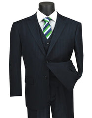 Pleated??Dress??Men??Suits - Mens Classic Fit Vested Banker Pinstripe Navy Blue Suit