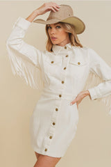 Western Style Women's Denim with Fringe Button Up Mini Dress
