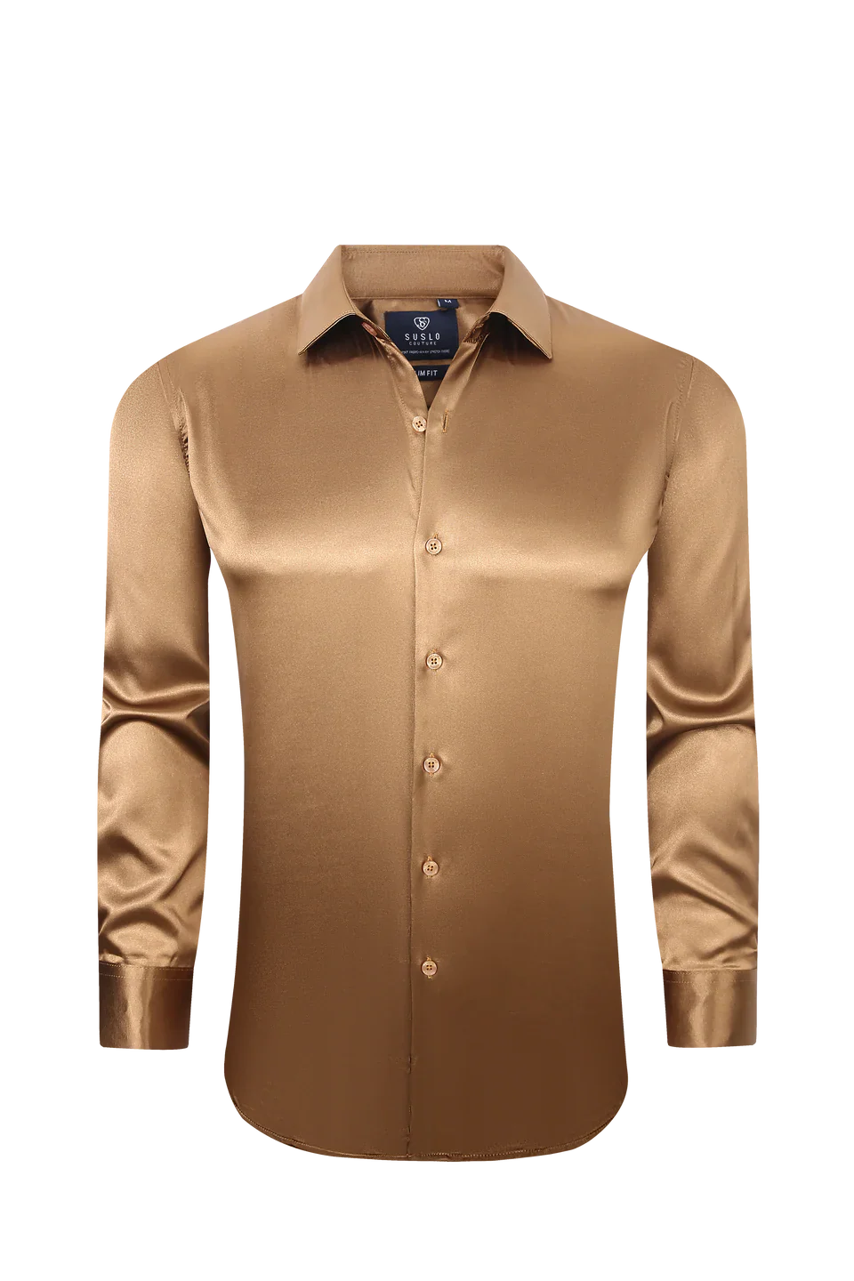 Satin Solid Stretch Button Up Shirt In Cognac