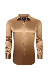 Satin Solid Stretch Button Up Shirt In Cognac