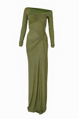 Deme By Gabriella Connie olive off-the-shoulder draped maxi dress displayed on a model, featuring flowing fabric and elegant design.