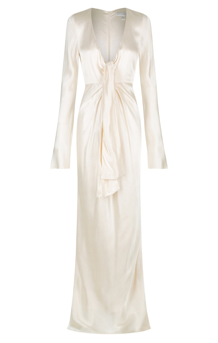 La Lune Plunged Tie Front Maxi Dress - Cream - BLVD