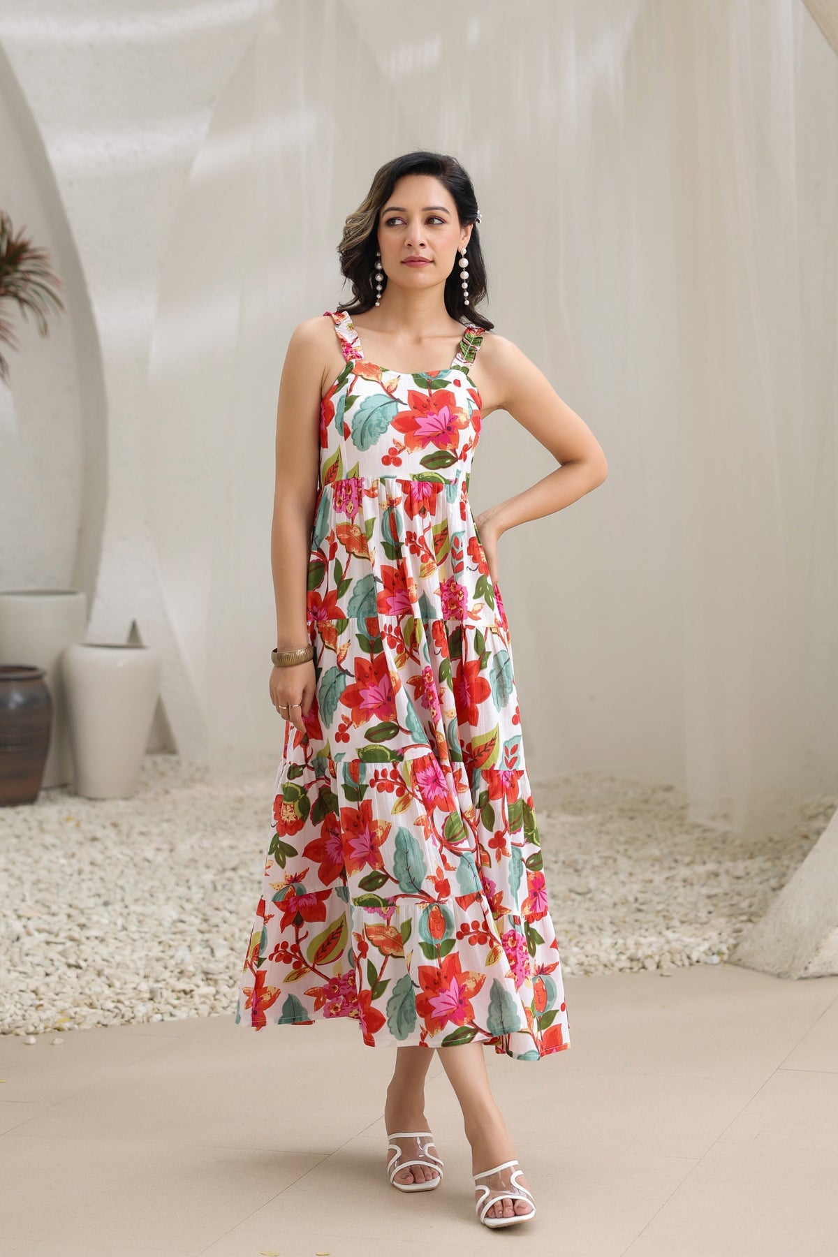 Cotton Floral Fit & Flare Midi Ethnic Dress