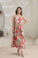 Cotton Floral Fit & Flare Midi Ethnic Dress