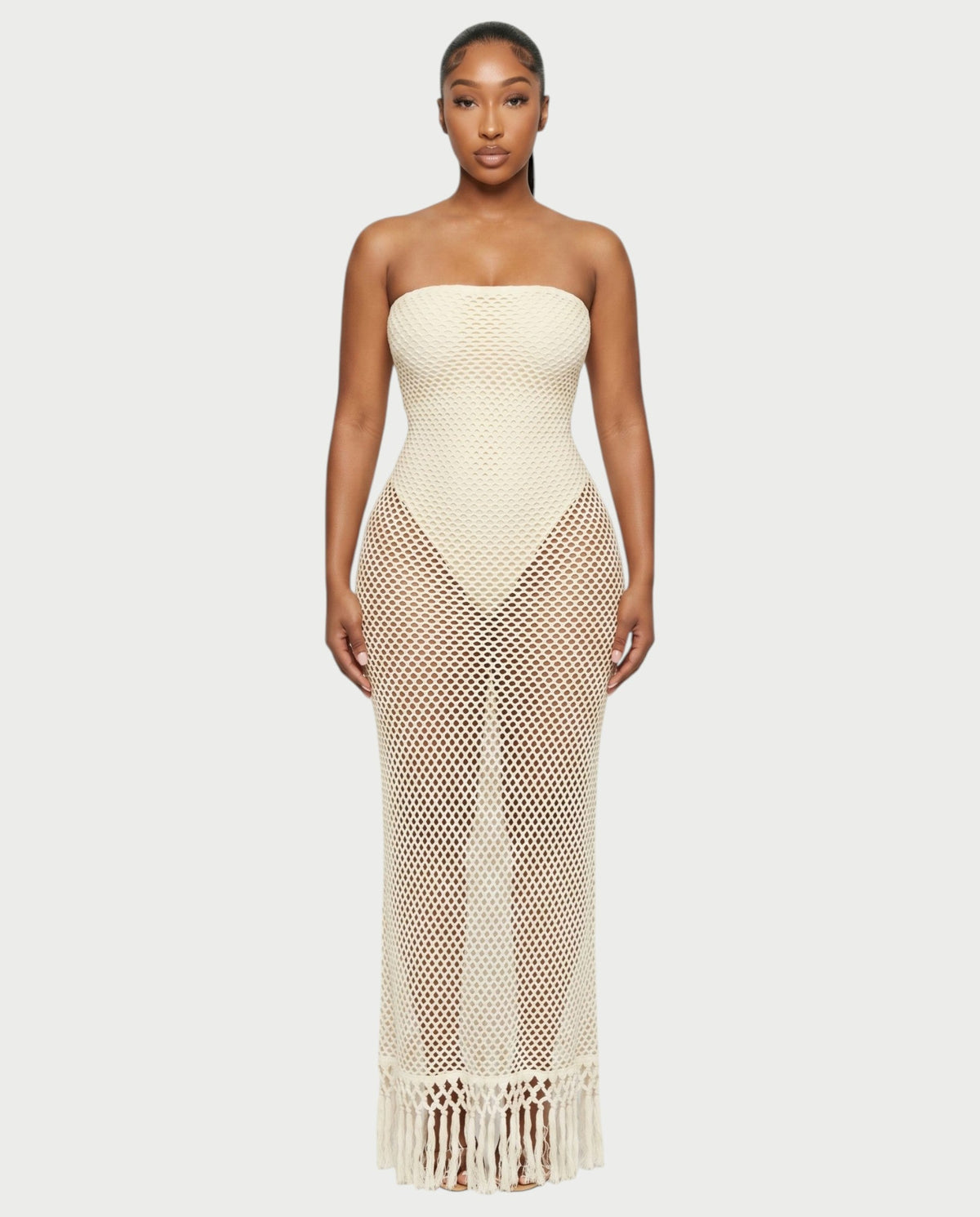 SHREYA Strapless Fishnet Fringe Hem Maxi Dress