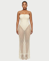 SHREYA Strapless Fishnet Fringe Hem Maxi Dress