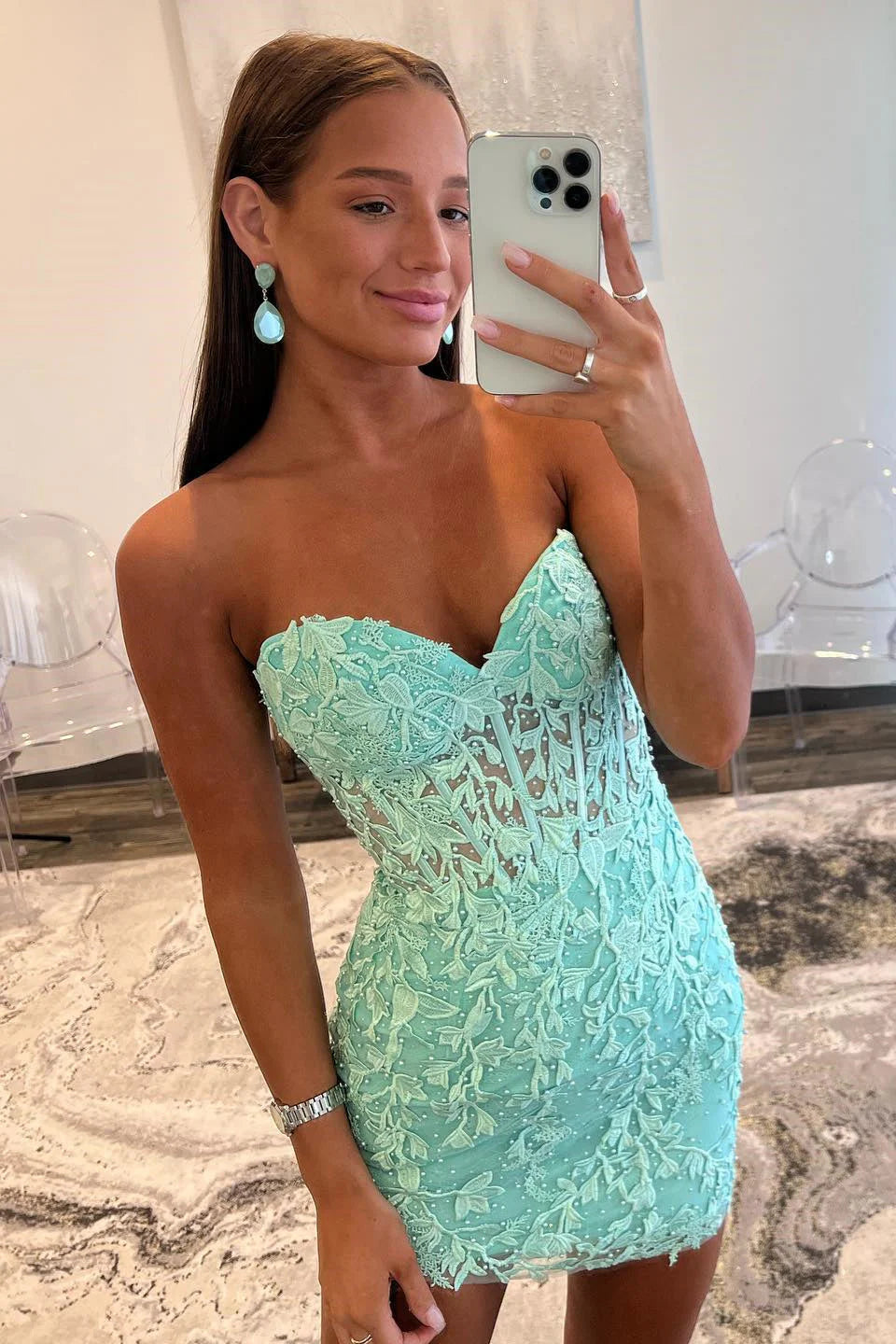 Cute Sweetheart Mint Lace Short Tight Homecoming Dresses with Beading AB4083009-1