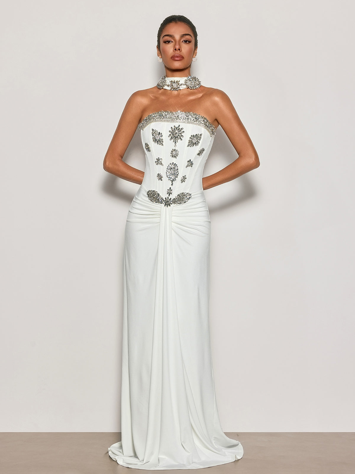 Cyrila Strapless Crystal Scarf Maxi Dress