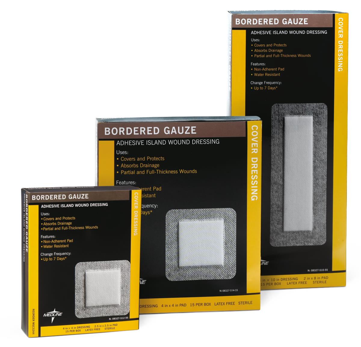 Bordered gauze adhesive island wound dressing boxes in three sizes, showing product packaging with dressing samples