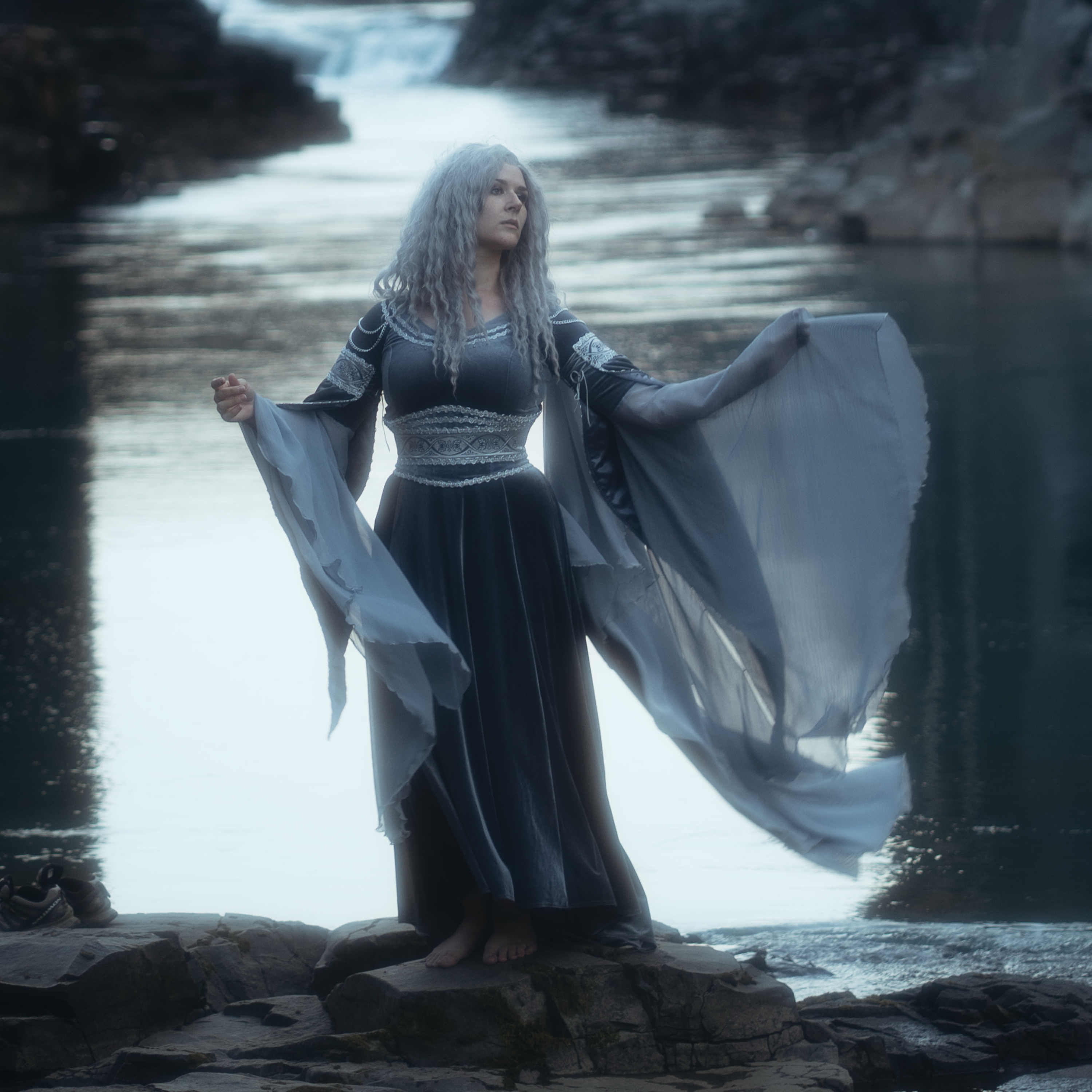 Fantasy elven silver gray Arwen wedding velvet dress
