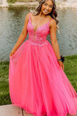 Hot Pink Princess A-line Lace and Tulle Prom Dress