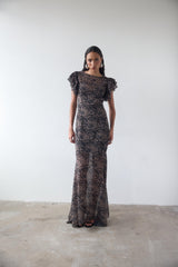 BOUGAINVILLEA CHIFFON MAXI DRESS IN FEATHER PRINT - De La Vali