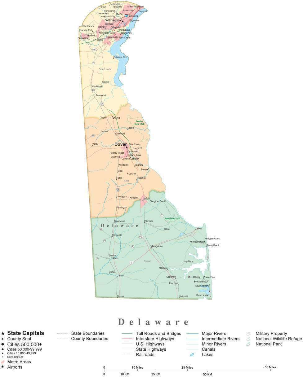 Detailed Delaware Cut-Out Style Digital Map with Counties, Cities, Highways, and more