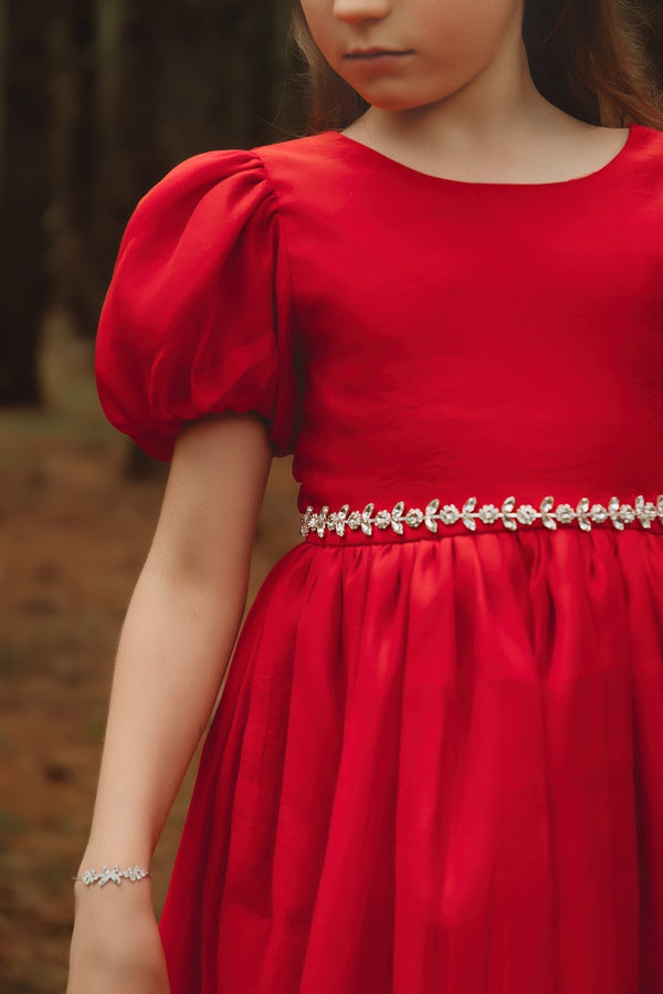 elegant girls red Christmas dress with sparkling silver belt, older girls xmas outfit