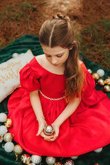 girls red xmas dress, luxe Christmas dress with pretty sparkle belt, high quality girls red Christmas dress