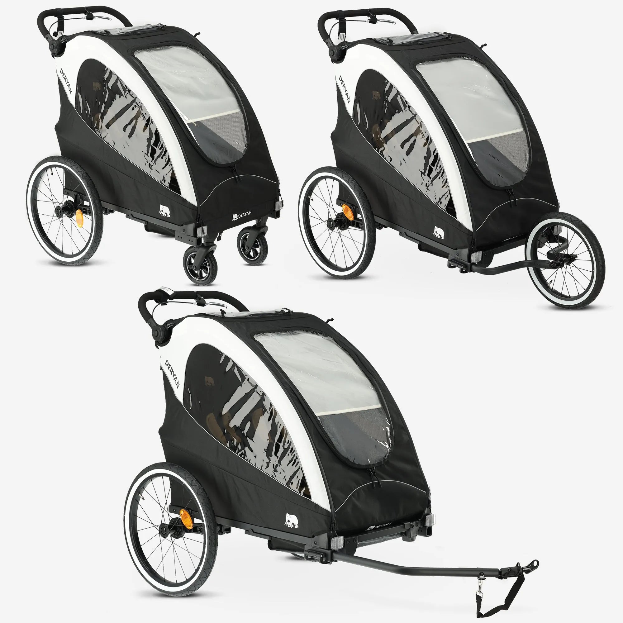Luxus-Fahrradanhänger 3-in-1 Schwarz/Creme als Fahrradanhänger, Kinderwagen und Laufkinderwagen, kompakt zusammenklappbar