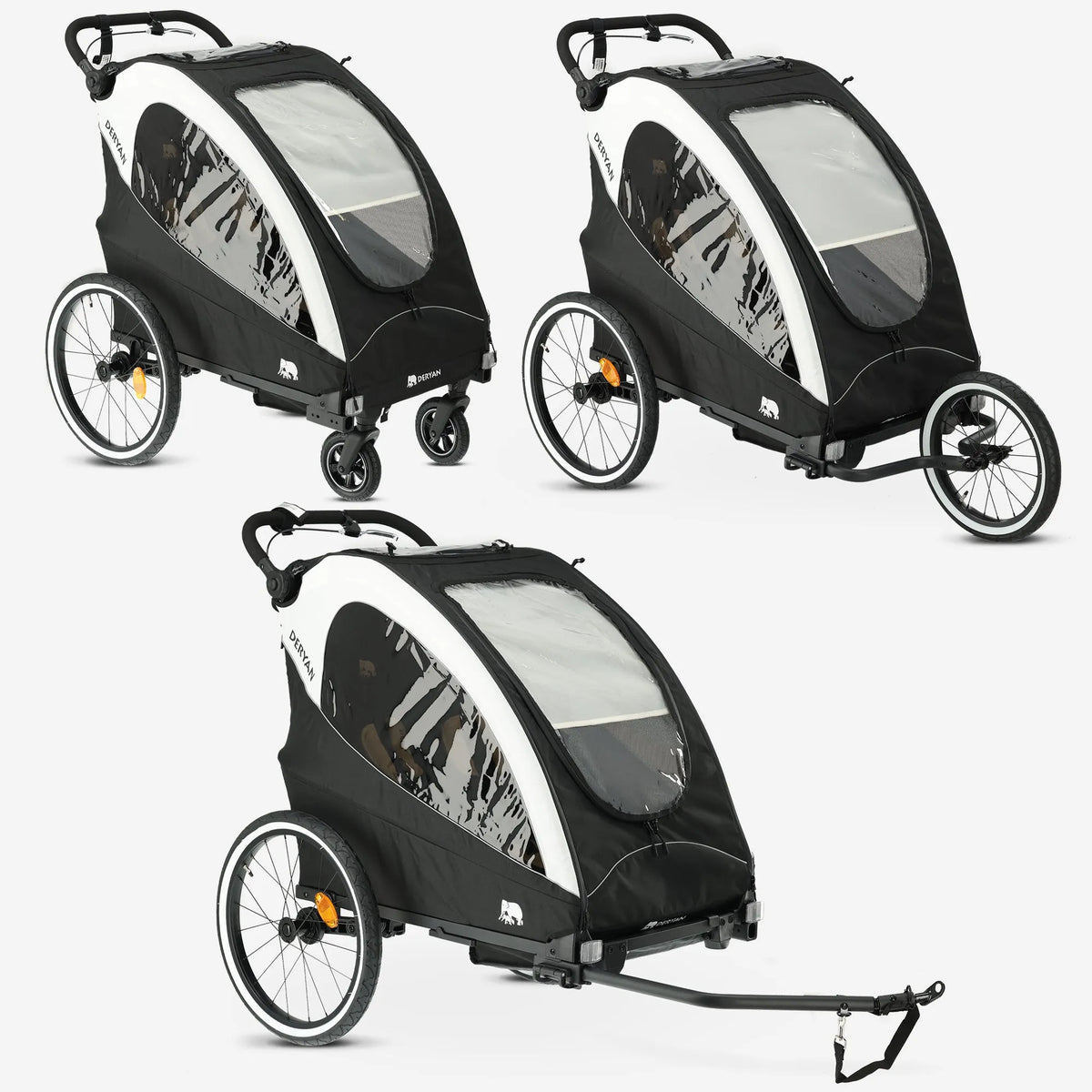 Luxus-Fahrradanhänger 3-in-1 Schwarz/Creme als Fahrradanhänger, Kinderwagen und Laufkinderwagen, kompakt zusammenklappbar