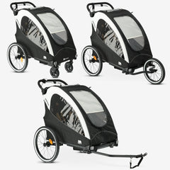Luxus-Fahrradanhänger 3-in-1 Schwarz/Creme als Fahrradanhänger, Kinderwagen und Laufkinderwagen, kompakt zusammenklappbar