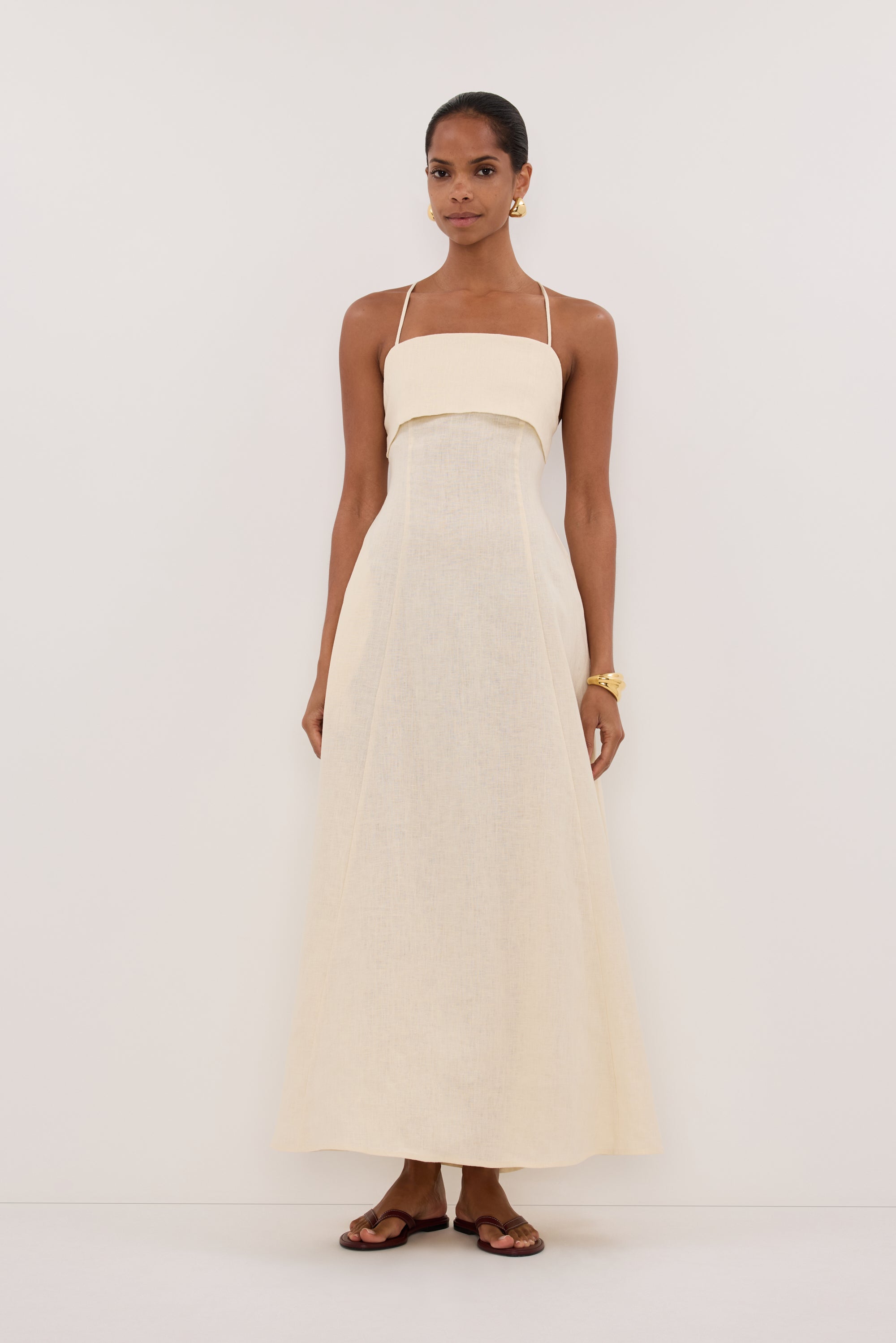 DANIELLA STRAW LINEN TIE BACK MIDI DRESS