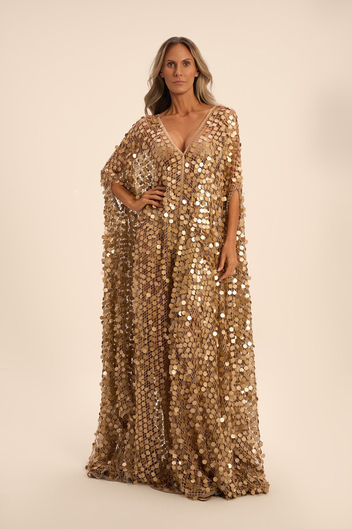 Diva Sequin Kaftan with Front And Back Deep V-Neck and Sheer Finish