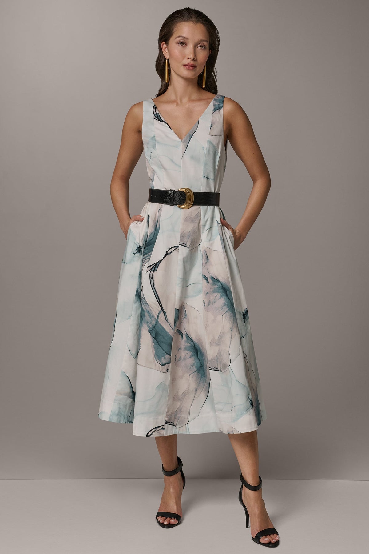 STRETCH-COTTON PRINTED MIDI FIT AND FLARE DRESS