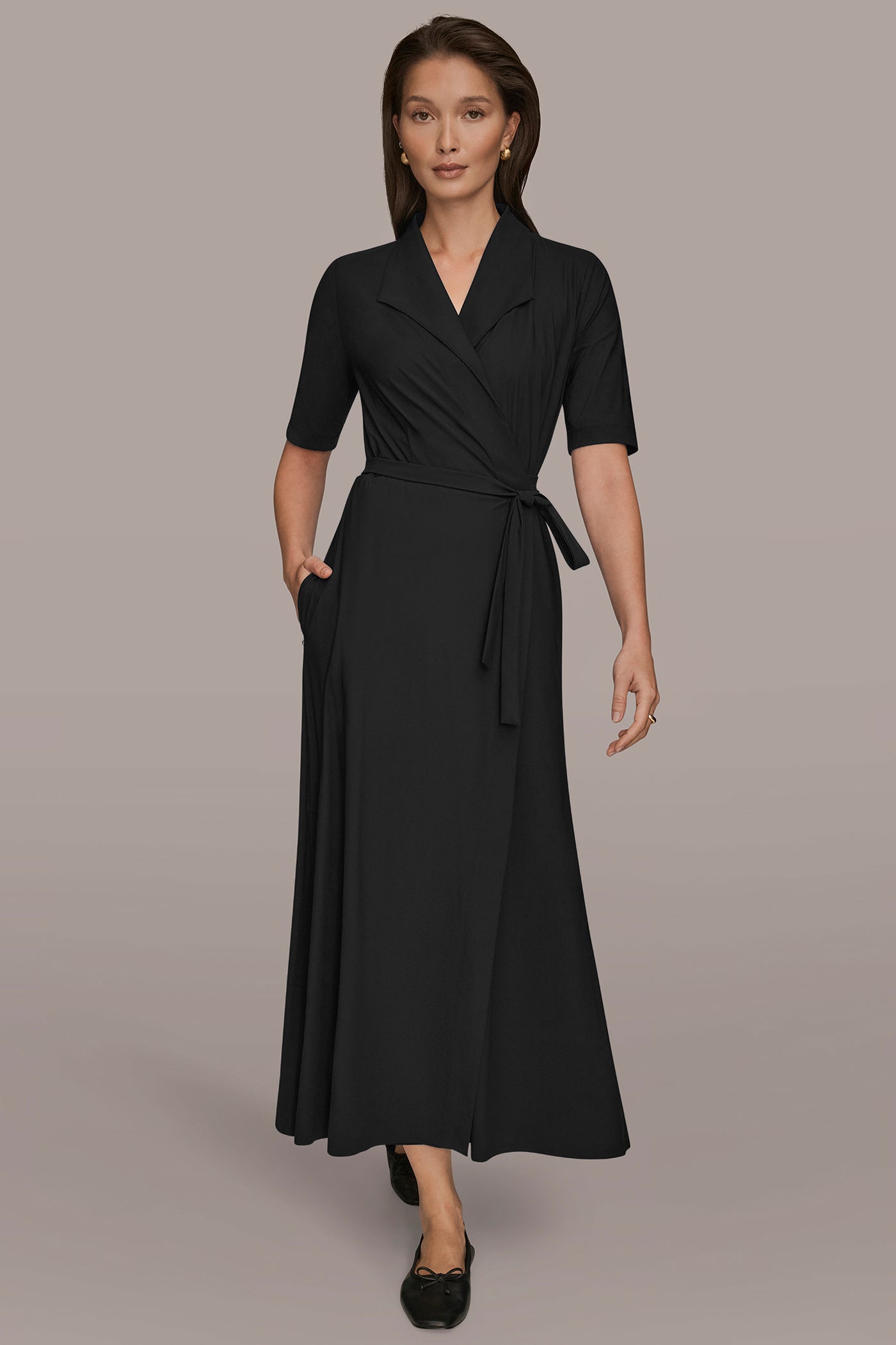 THE MODERN TRAVEL ELBOW-SLEEVE MIDI WRAP DRESS