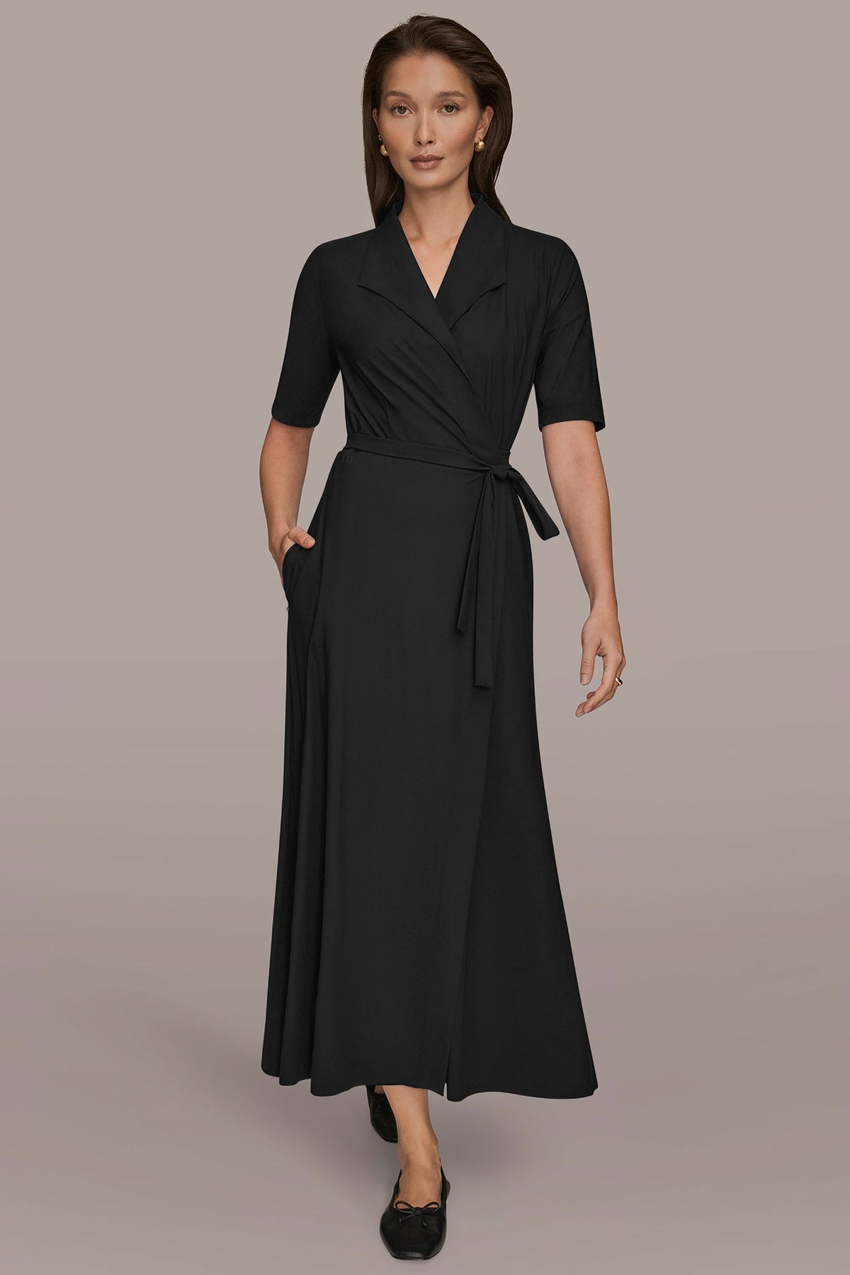 THE MODERN TRAVEL ELBOW-SLEEVE MIDI WRAP DRESS