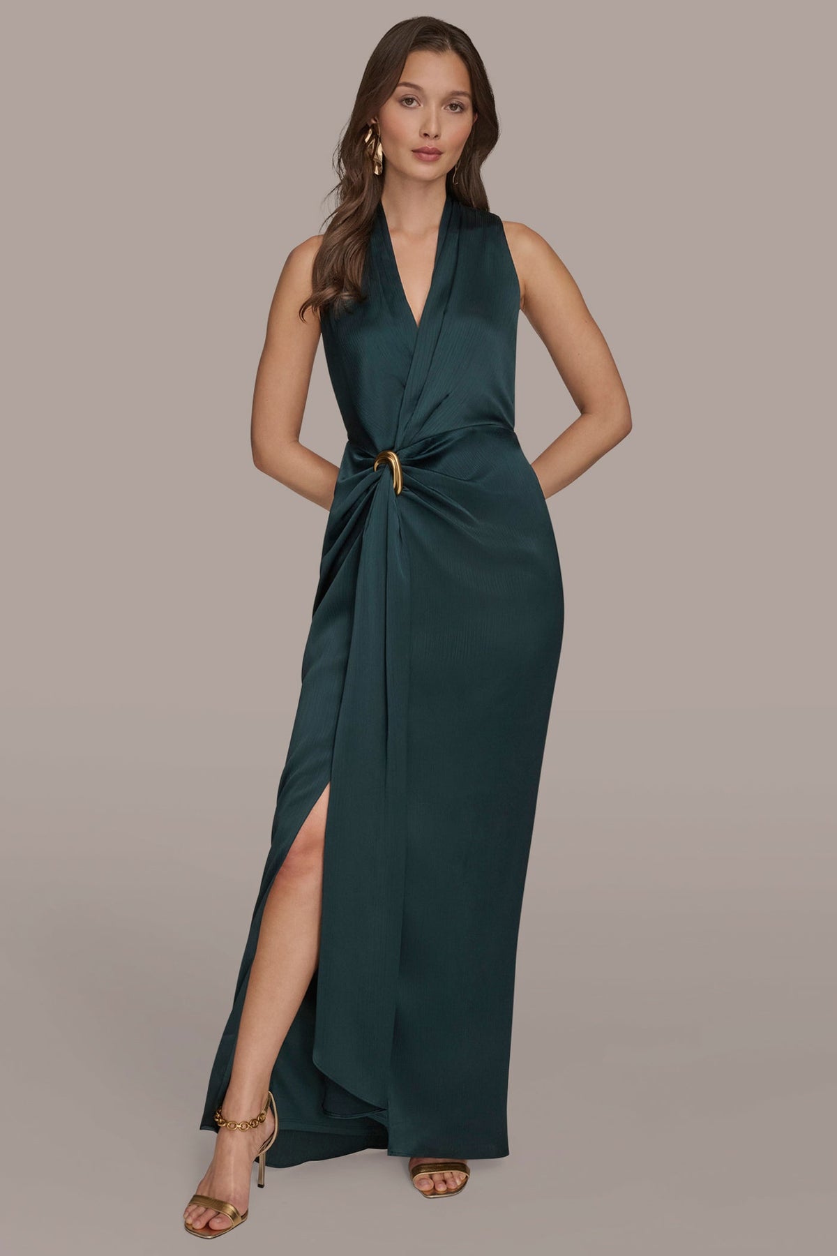 CRINKLE SATIN SLEEVELESS MAXI WRAP DRESS
