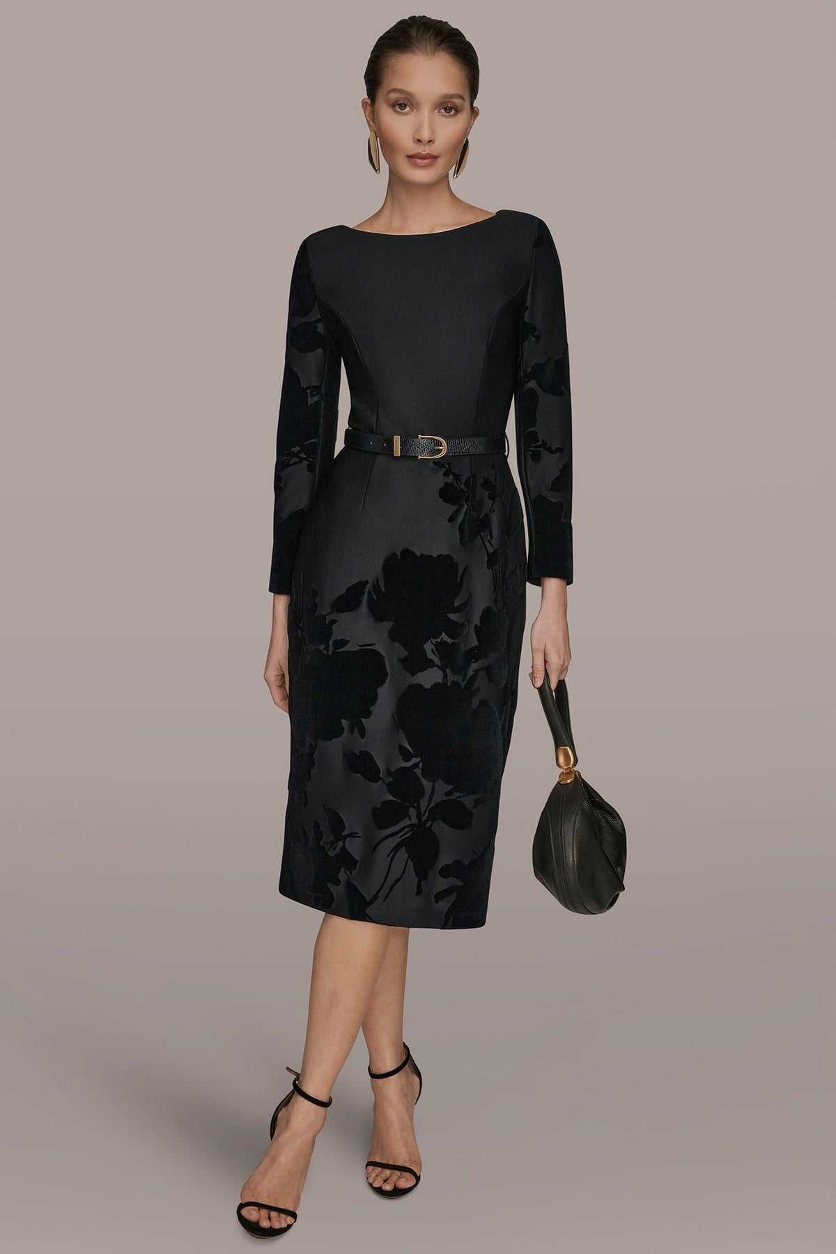 3/4 SLEEVE BOATNECK MIDI SHEATH DRESS