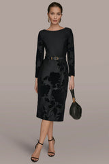 3/4 SLEEVE BOATNECK MIDI SHEATH DRESS