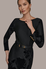 3/4 SLEEVE BOATNECK MIDI SHEATH DRESS