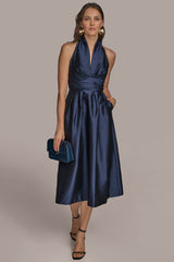 SLEEVELESS V-NECK TAFFETA MIDI COCKTAIL DRESS