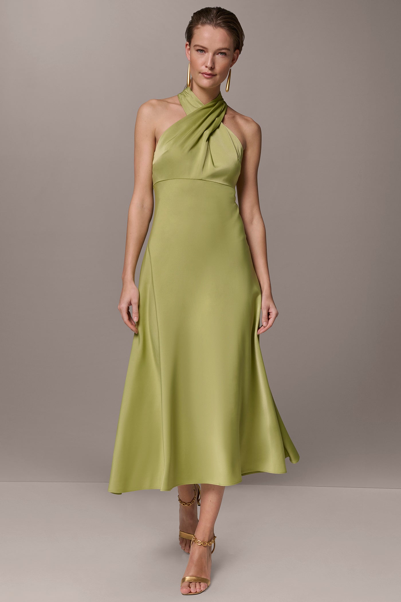SATIN MIDI A-LINE HALTER DRESS