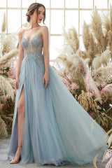 Light Blue A Line Spaghetti Straps Beaded Open Back Tulle Long Prom Dress with Slit
