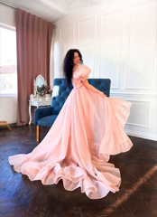 Vintage Pink A-Line Organza Puff Sleeves Long Prom Dress Engagement Dress Evening Dress DP877