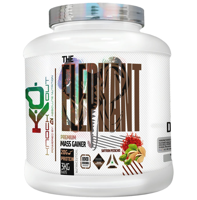 Knockout The Elephant Premium Mass Gainer Powder Saffron Pistachio with Free T-Shirt - Classic Derma