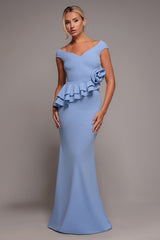 Scuba Crepe Rose Frill Maxi Dress - Cornflower Blue DR4281