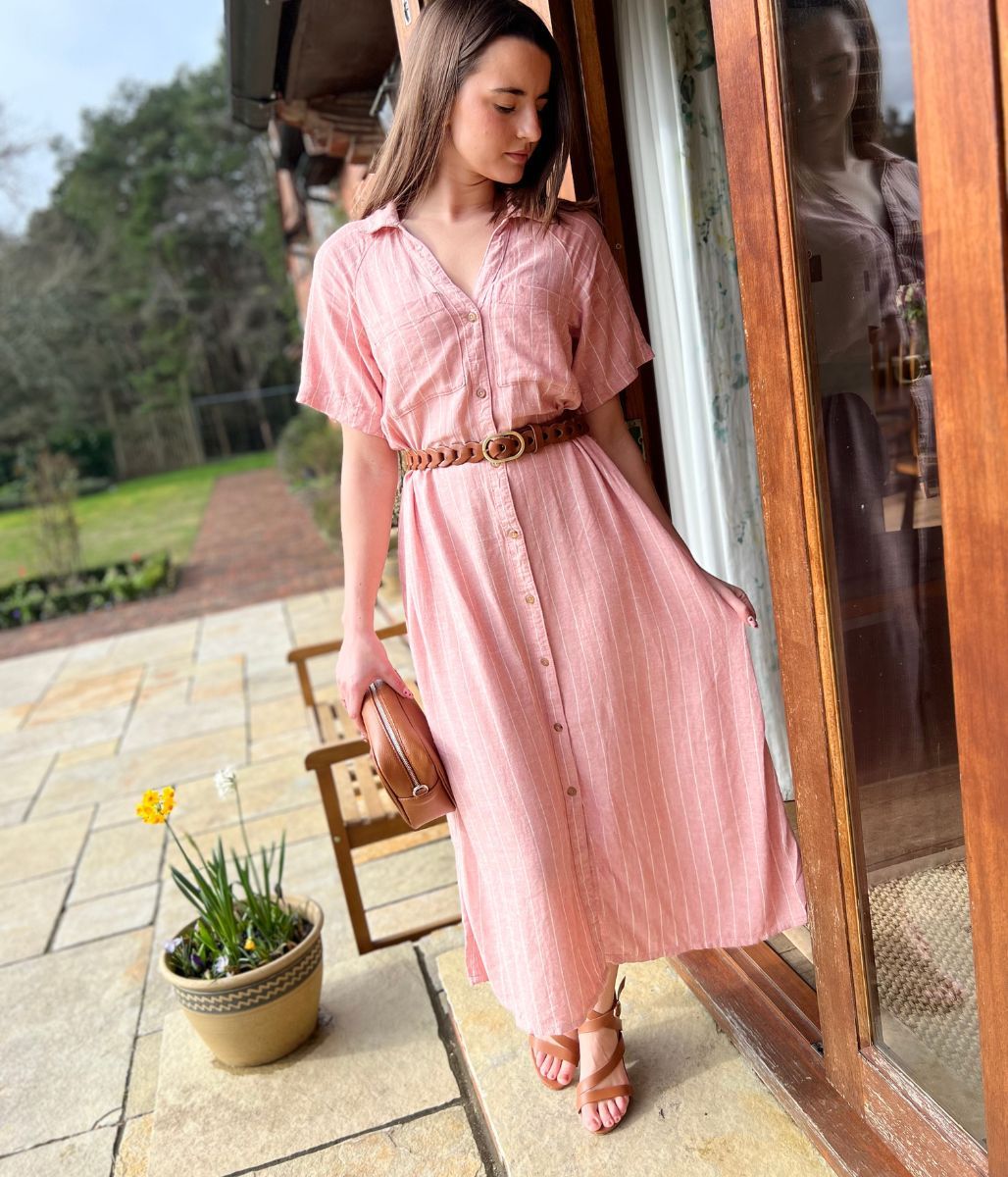 Pink Striped Linen Blend Shirt Dress