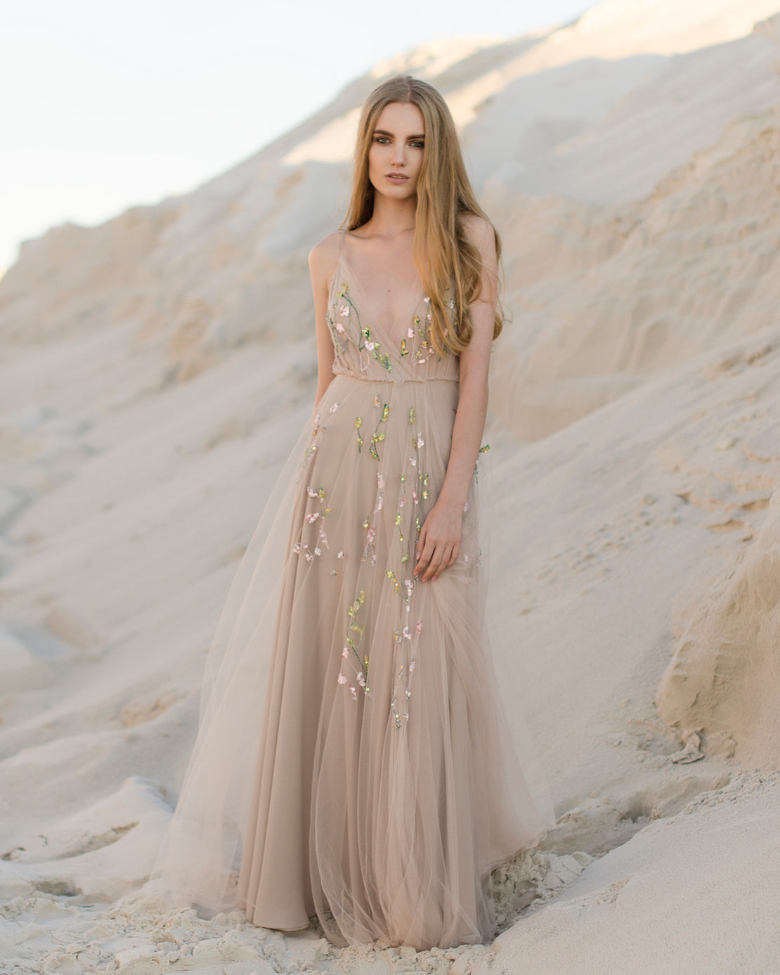 Beige wedding dress with unique hand-made embroidery photo 1