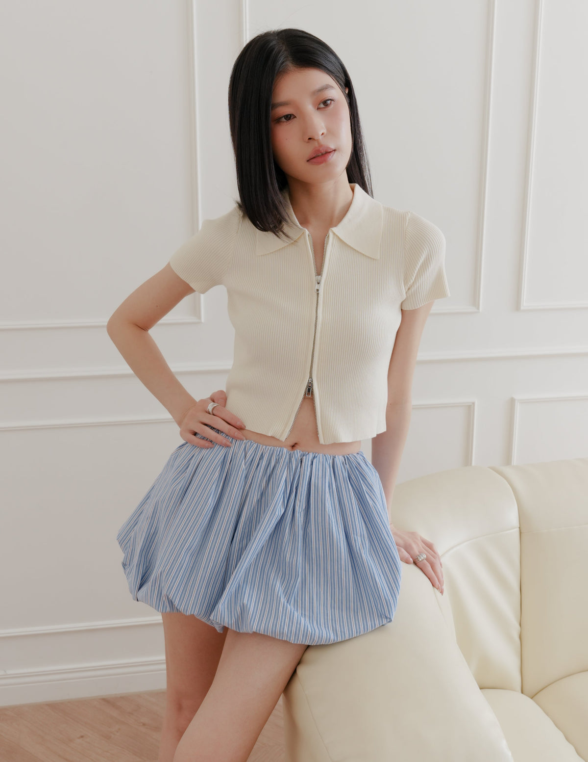Esme Zip Through Knit Top in Cream