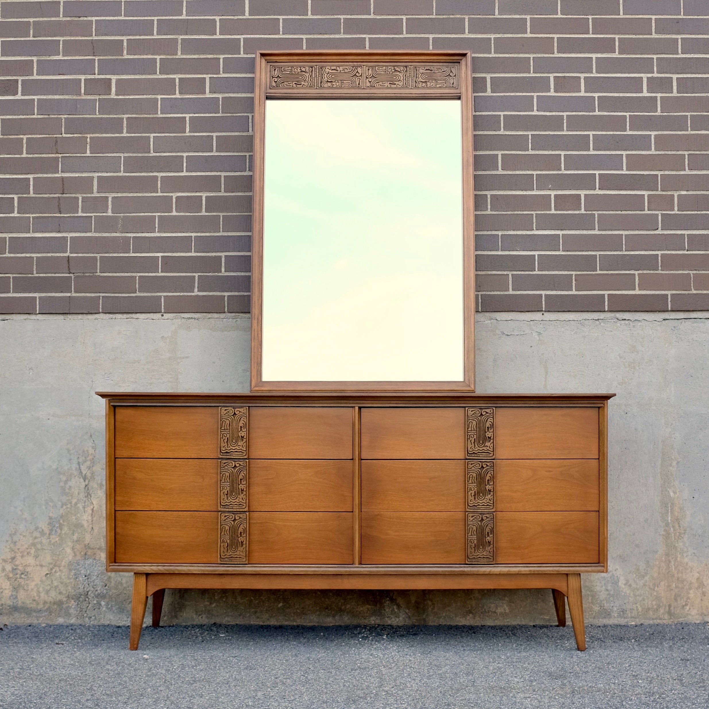 Bassett Furniture "Aztec" Walnut Dresser & Mirror