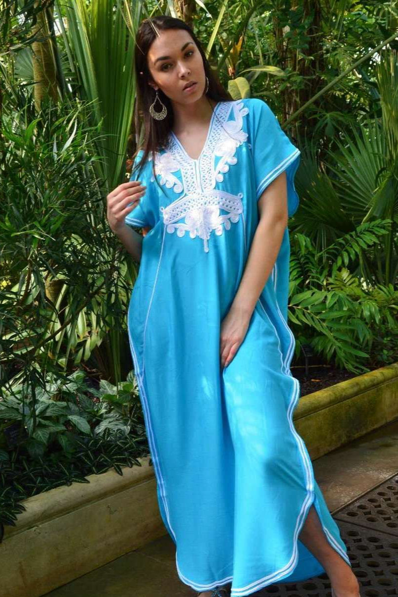 Turquoise Blue Marrakech Resort Lounge Wear Caftan Kaftan with White Embroidery-Moroccan Kaftan - Maison De Marrakech