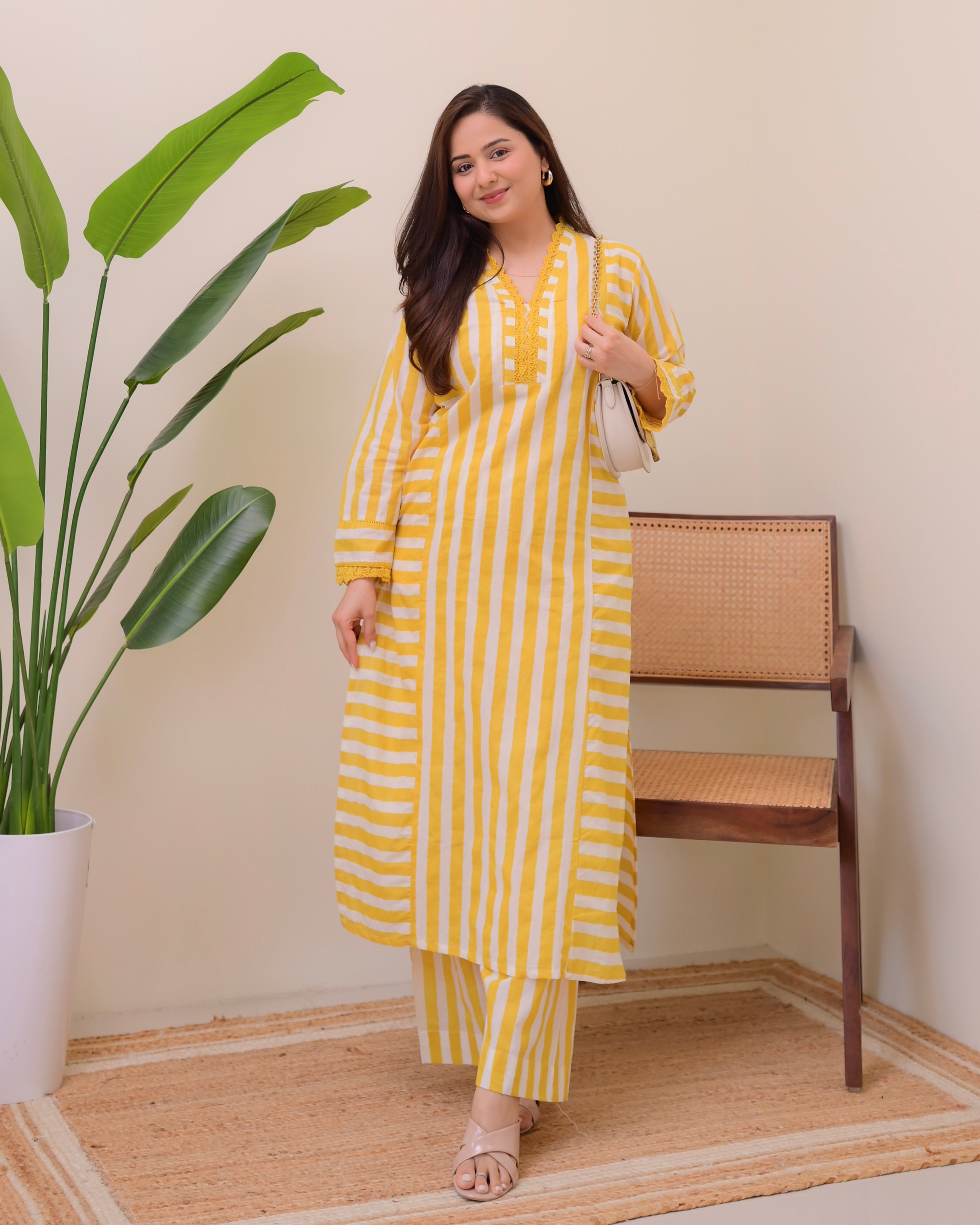 Yellow Sunlit Striped Luxe Cotton Kurta Set