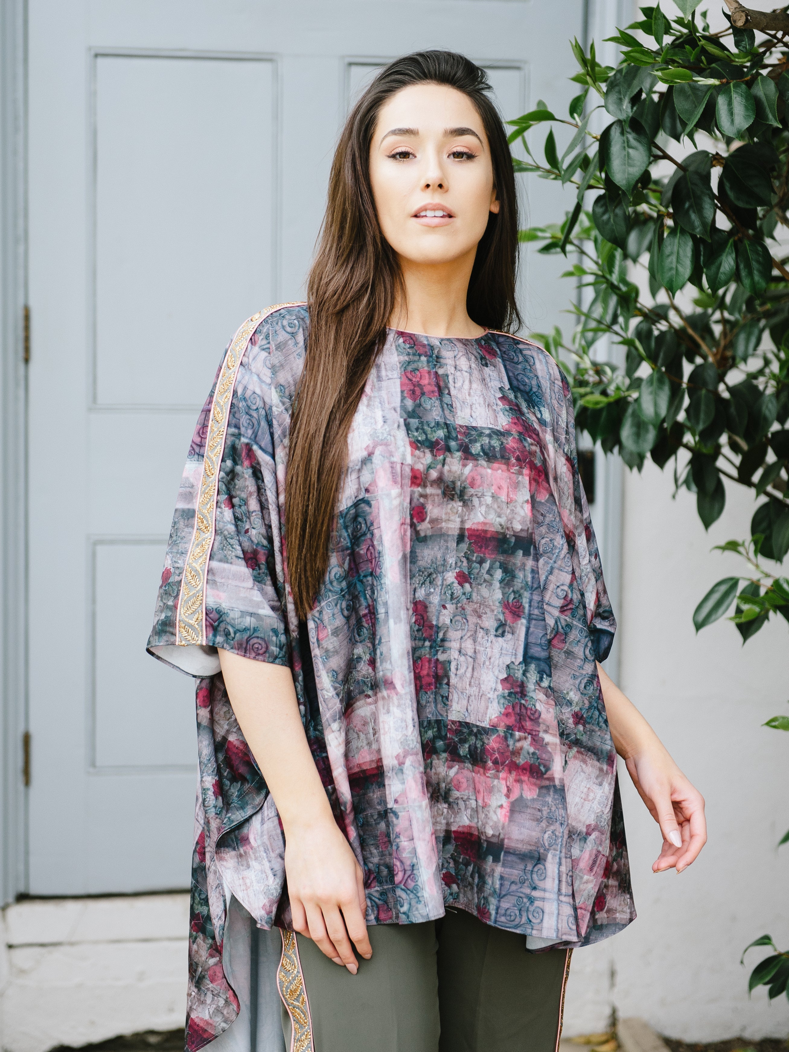 Overlap Printed Silk Collar Top & Crape Piped Pants for Summer - Free Size Cape - Plus Size Summer  Cape & Pants