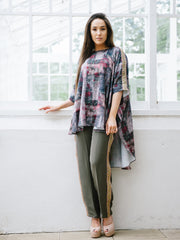 Overlap Printed Silk Collar Top & Crape Piped Pants for Summer - Free Size Cape - Plus Size Summer  Cape & Pants