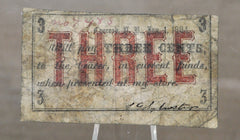 1864 Concord NH S. G. Sylvester 3 Cents Scrip - Uppercase Three Type - Rare Civil War Era New Hampshire Obsolete Three Cent Store Note