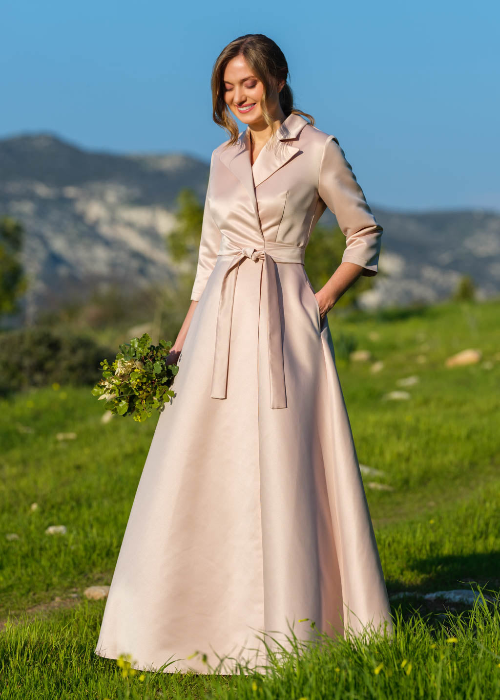 Champagne beige wrap luxury satin dress