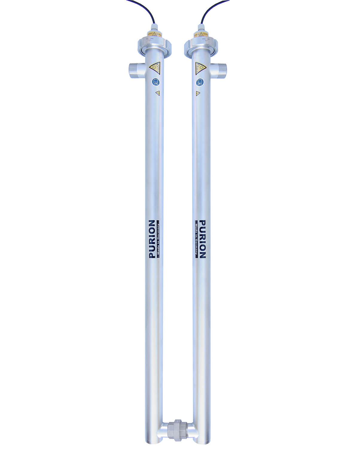 Ein Paar Aluminiumstangen auf weißem Hintergrund, die PURION 2500 90 W DUAL ESM Wasser von der PURION GmbH anbieten.