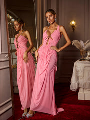 Daiki Halterneck Ruched Maxi Dress In Pink