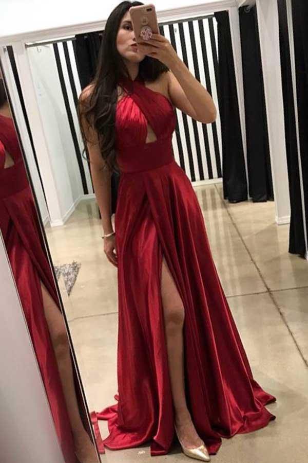 Dark Red A-line Cross Neck Floor-Length Long Prom Dress With Side Slit, MP703 | cheap prom dresses | a line prom dresses | simple prom dresses | www.musebridals.com